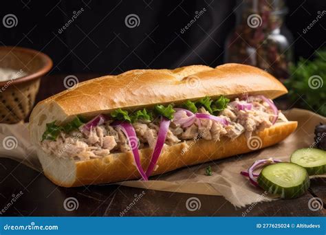 Thunfisch Salat Sandwich Auf Kauen Baguette Mit Kakteen Mit Pickles Und