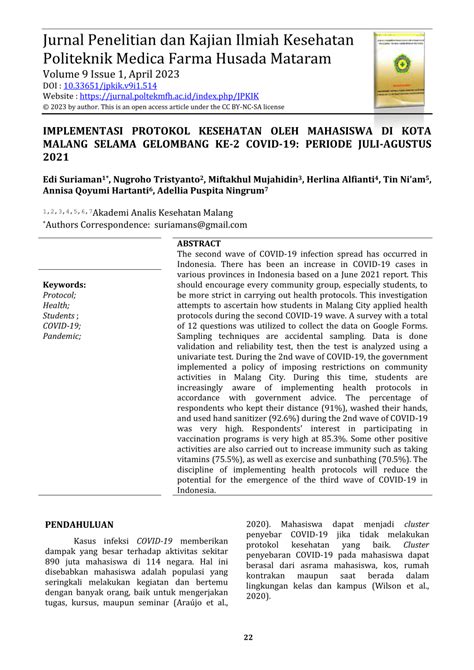 Pdf Implementasi Protokol Kesehatan Oleh Mahasiswa Di Kota Malang
