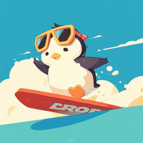 Premium Vector | A penguin on a surfboard cartoon style