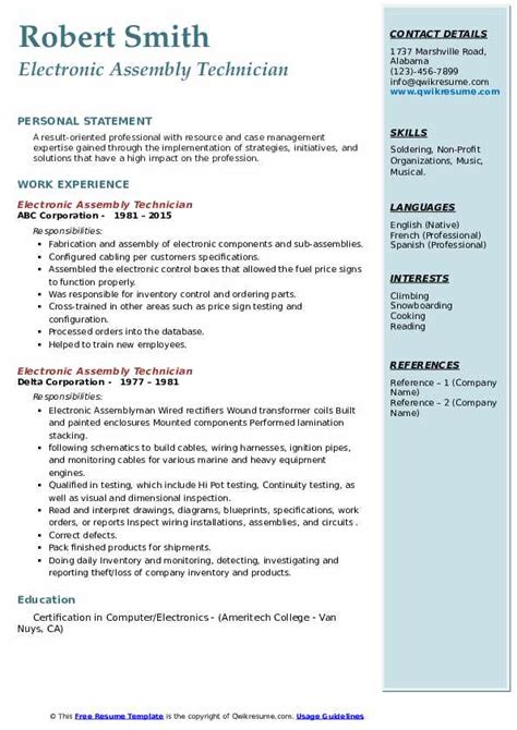 Electronic Assembly Technician Resume Samples Qwikresume