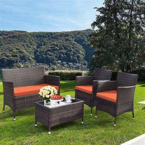 Gymax 4pcs Outdoor Patio Rattan Conversation Furniture Set With Orange