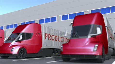 Modern Semi Trailer Trucks At Warehouse Loading Dock With LOGISTICS