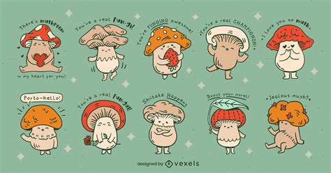 Cute Mushroom Characters And Quotes Set Vector Download