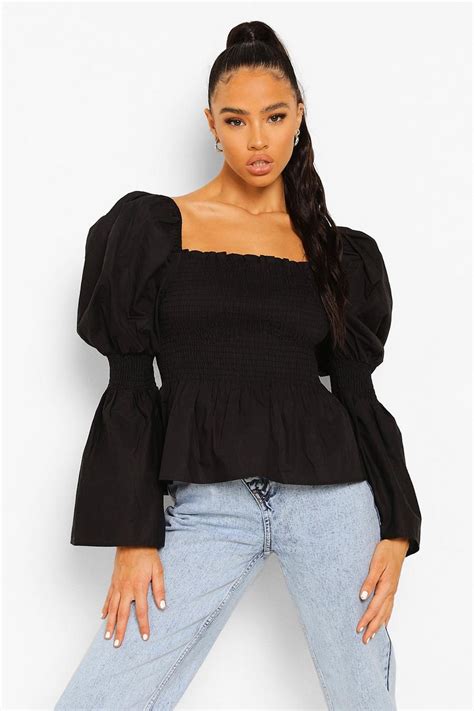 Cotton Shirred Bust Puff Sleeve Peplum Top Boohoo