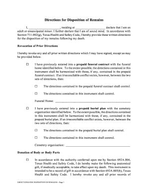 Fillable Online Directions For Disposition Of Remains Fax Email Print