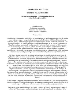 Discurso Del Papa A Su Llegada A Bolivia PDF