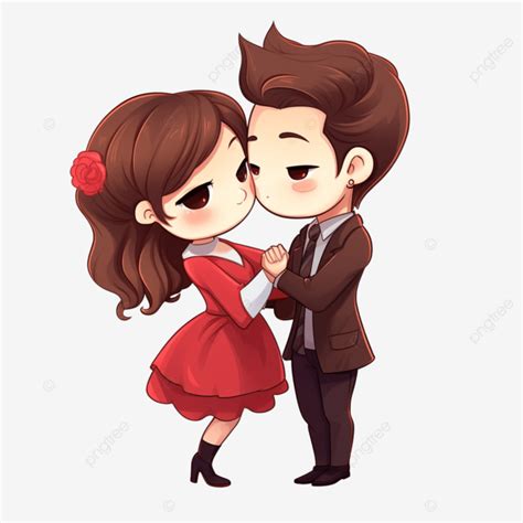 Cute Lovers Couple Greeting Pose Girl Kiss Boyfriend Happy Valentine Chibi Cartoon Character