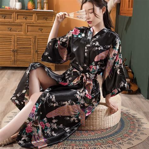 Kup Print Chinese Women Silk Rayon Robes Long Sexy Nightgown Yukata