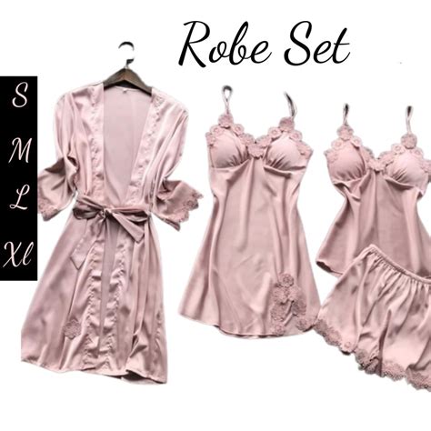 4 Pcs Robe Set Satin Camisole Set Sexy Lingerie Sexy Sleepwear Baju Tidur S XL PS048 Shopee