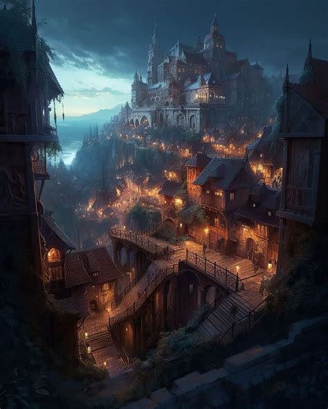 Medieval town at night | Fantasy landscape, Fantasy city, Fantasy places