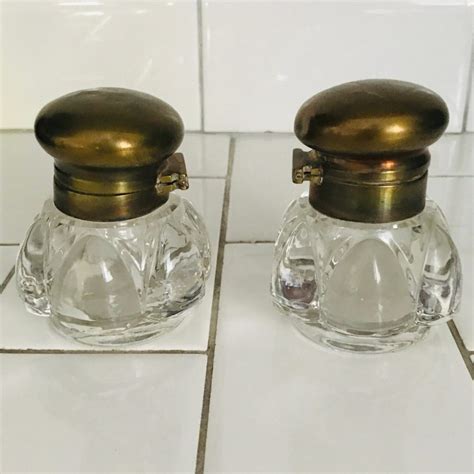 Antique Pair Of Inkwells Glass With Hinged Brass Lids Collectible