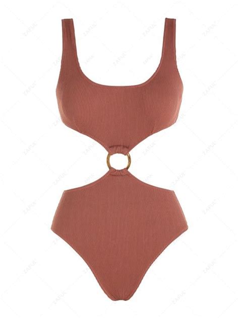 Zaful O Ring Cut Out Textured One Piece Swimsuit In Coffee Zaful 2024