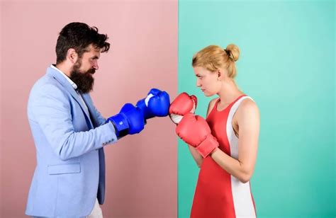 Gender Equality Man Formal Suit And Athletic Woman Boxing Fight