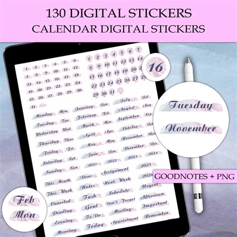 Calendar Digital Stickers Goodnotes Dates Days of the Week - Etsy