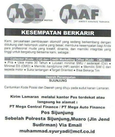 Lowongan Kerja Pt Mega Central Finance