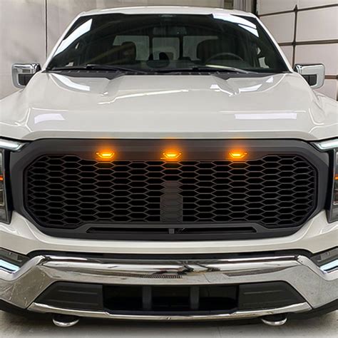 2021 2022 Ford F150 Raptor Style Front Mesh Grille W 3 Amber Lights Matte Black丨amoffroad Am