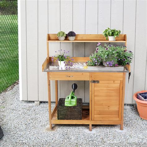 Topeakmart Outdoor Garden Wood Potting Bench Table With Metal Tabletop