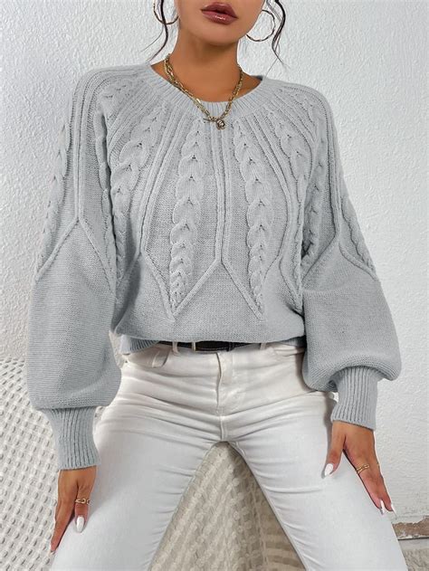 Cable Knit Lantern Sleeve Sweater Damen Sweatshirts Jacke Stricken