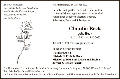 Traueranzeigen Von Claudia Beck Trauer Gea De