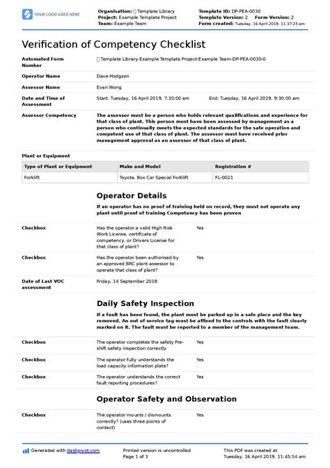 Verification Of Competency Template Voc Formchecklist