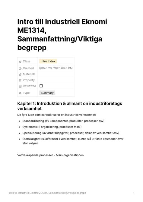 Sammanfattning Viktiga Begrepp Inf R Tenta Intro Till Industriell