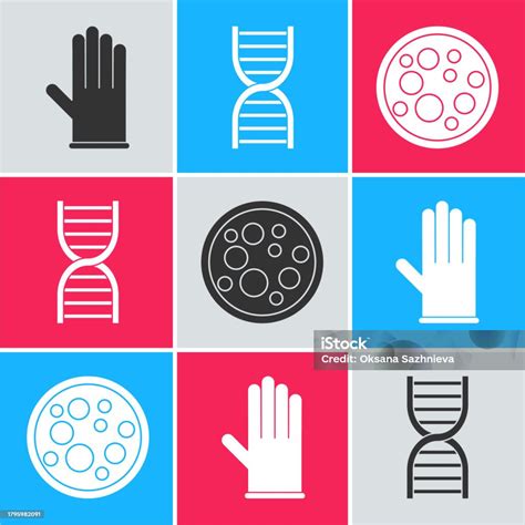 의료 고무 장갑 Dna 기호 및 바이러스 아이콘을 설정합니다 벡터 Covid 19에 대한 스톡 벡터 아트 및 기타 이미지