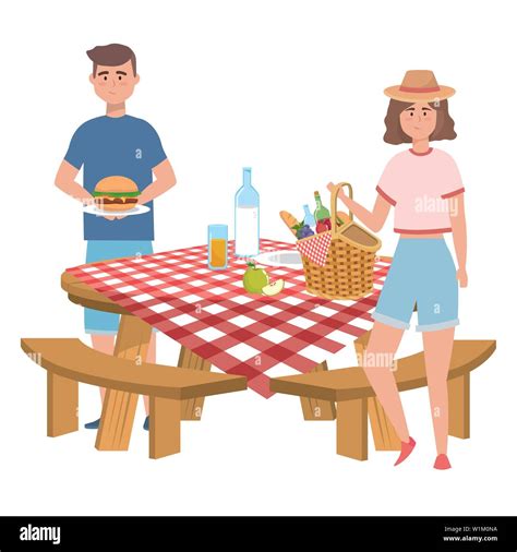 Woman and man cartoon having picnic design, Food summer outdoor leisure ...