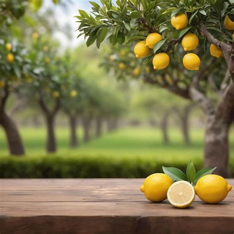 Empty Wooden Table For Product Display With Lemon Trees Blurred