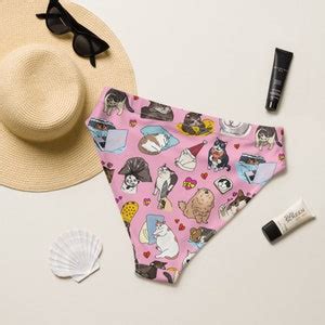 Sad Cat Meme Pink Cat Recycled High Waisted Bikini Bottom Kawaii Cat