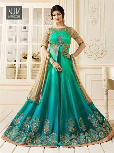 Buy Ayesha Takia Turquoise Silk Designer Anarkali Suit Vjv