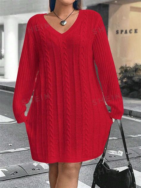 Shein Ezwear Plus Size V Neck Cable Knitted Sweater Dress Shein South