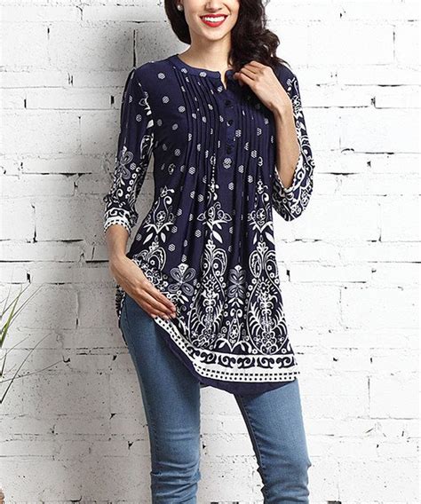 Reborn Collection Navy Suzani Notch Neck Pin Tuck Tunic Fashion