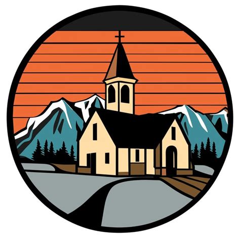 Ilustración vectorial de una iglesia con una montaña al fondo folleto