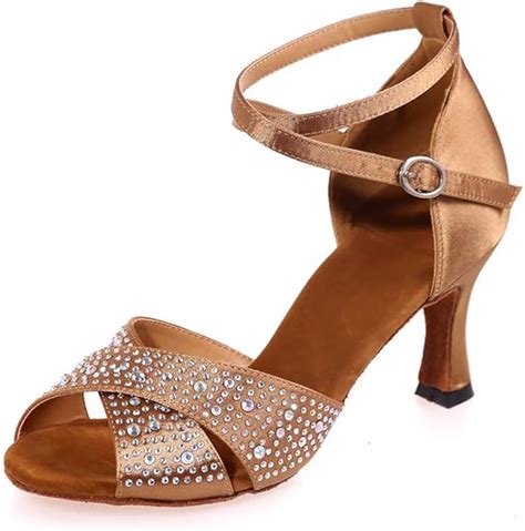 Suede Sole Latin Salsa Dance Shoes Medium Low Heel Rhinestone Satin