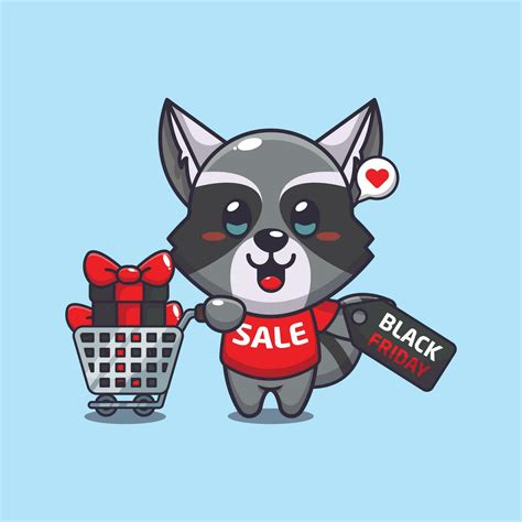 Cute Raccoon With Shopping Cart And Discount Coupon Black Friday Sale