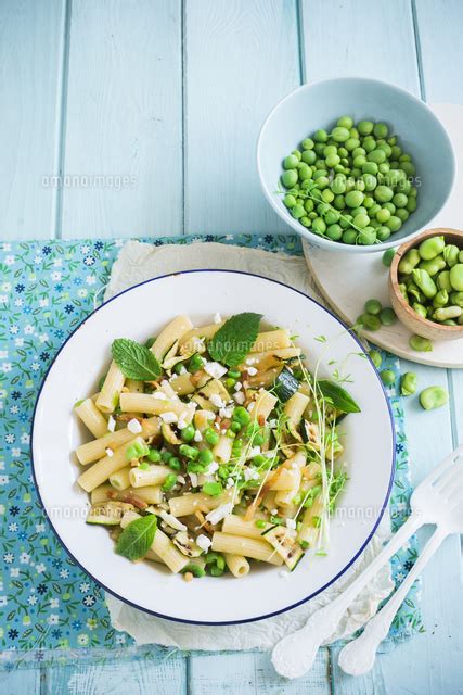 Pasta With Grilled Courgettes Fava Beans Peas Crispy Bacon And Mint