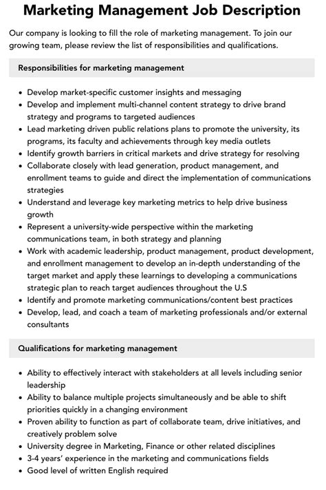 Marketing Management Job Description Velvet Jobs