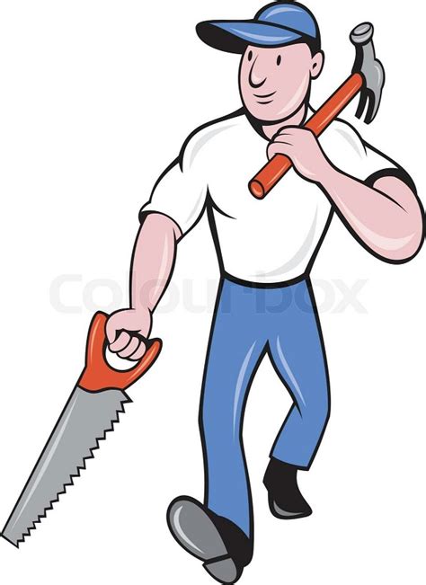 Carpenter Tradesman Worker With Hammer And Saw Stock Vector Colourbox