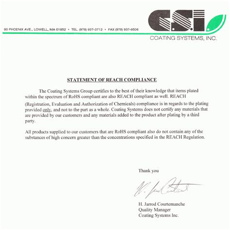 Reach Compliance Letter Coating Systems Inc