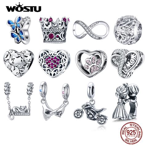 Wostu Real Sterling Silver Heart Beads Flower Retro Pattern Charms