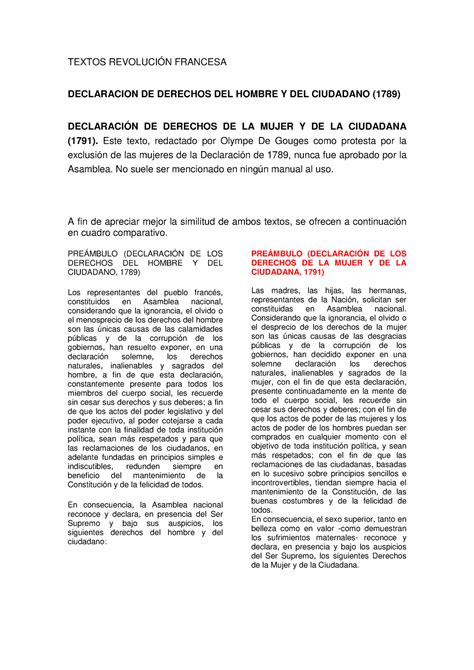 Declaraciones Del Hombre Y La Mujer Cuadro Comparativo Textos RevoluciÓn Francesa Declaracion