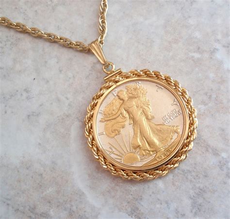 Walking Liberty Half Dollar Necklace 1942 Gold Plated Silver Etsy