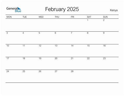 February 2025 - Kenya Monthly Calendar with Holidays