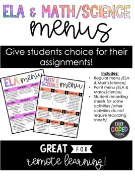 ELA And Math Science Choice Menu By Color Coded Chaos TPT