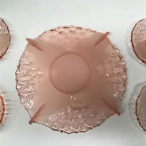 Vintage Art Deco Pink Glass Serving Bowl With Six Small Platess