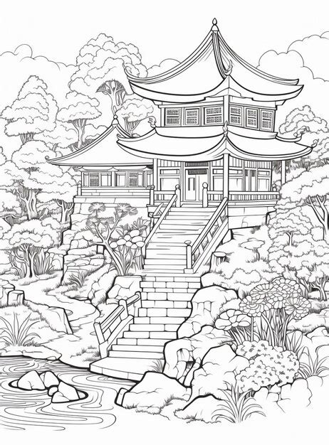 Premium Photo | A drawing of a japanese style house with a pond and steps generative ai