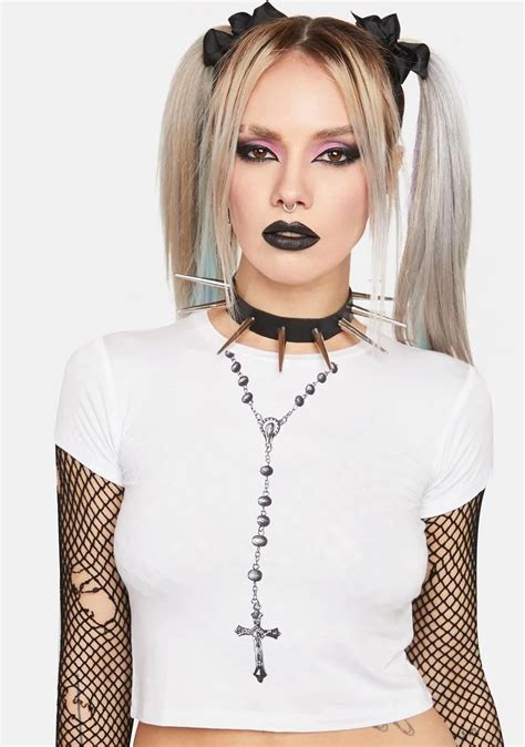 Current Mood Rosary Necklace Graphic Crop Tee White Dolls Kill