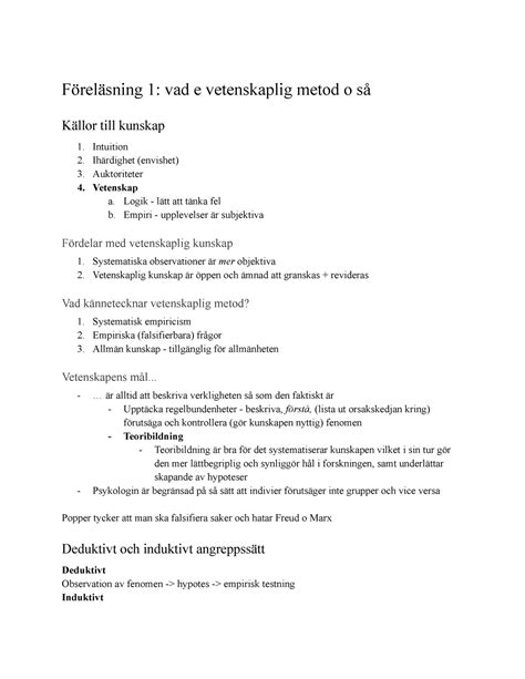 Anteckningar introduktion till vetenskaplig metod Föreläsning 1 vad