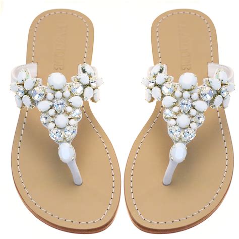 Marbella Sandal White Womens Jeweled Flat Sandals Mystique Sandals