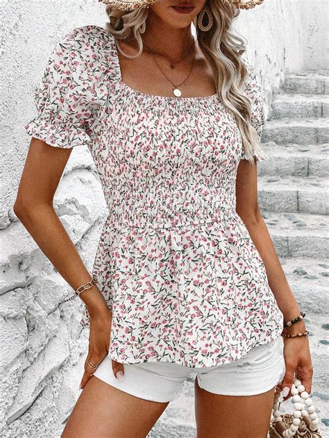 Shein Lune Ditsy Floral Print Puff Sleeve Peplum Blouse Shein Usa